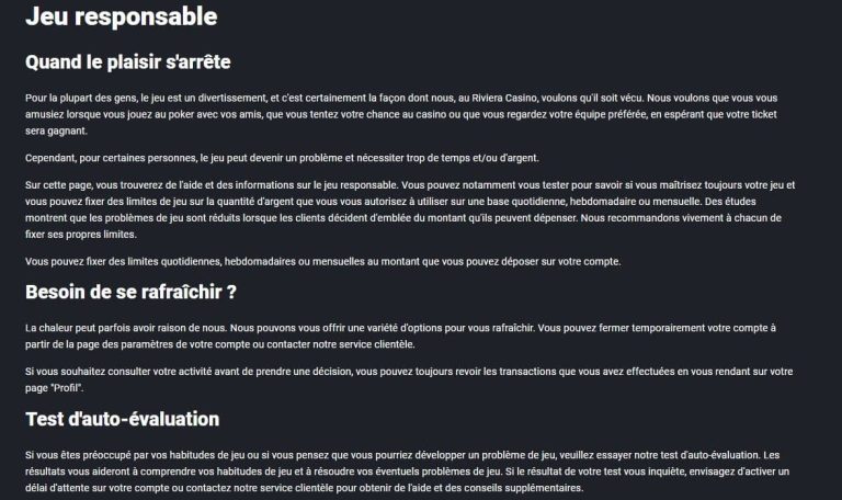 Riviera Casino jeu responsable